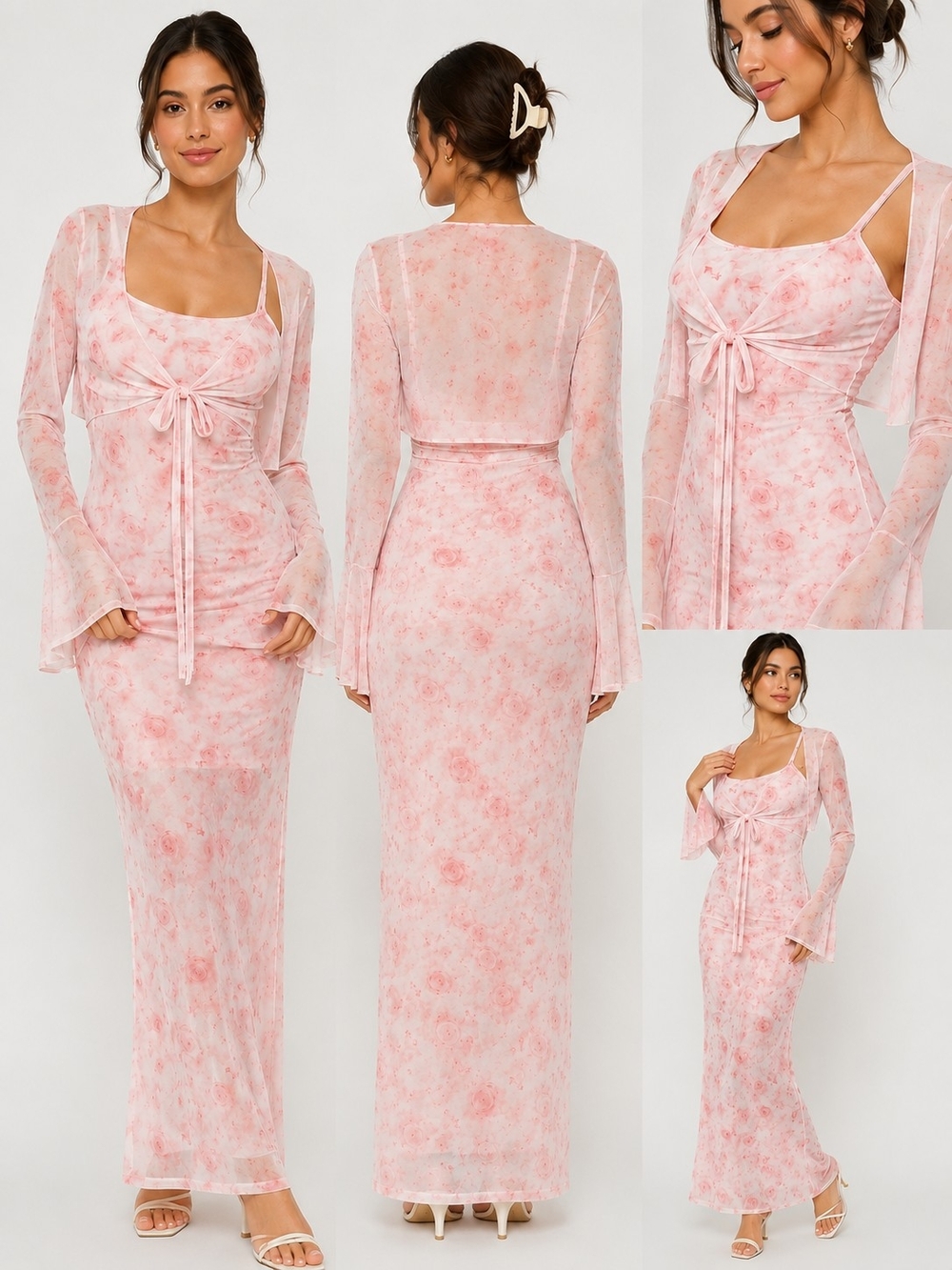 YOZY Women's Pink Floral Mesh Maxi Dress Tie Front Shrug Set NWT Size S Bodycon